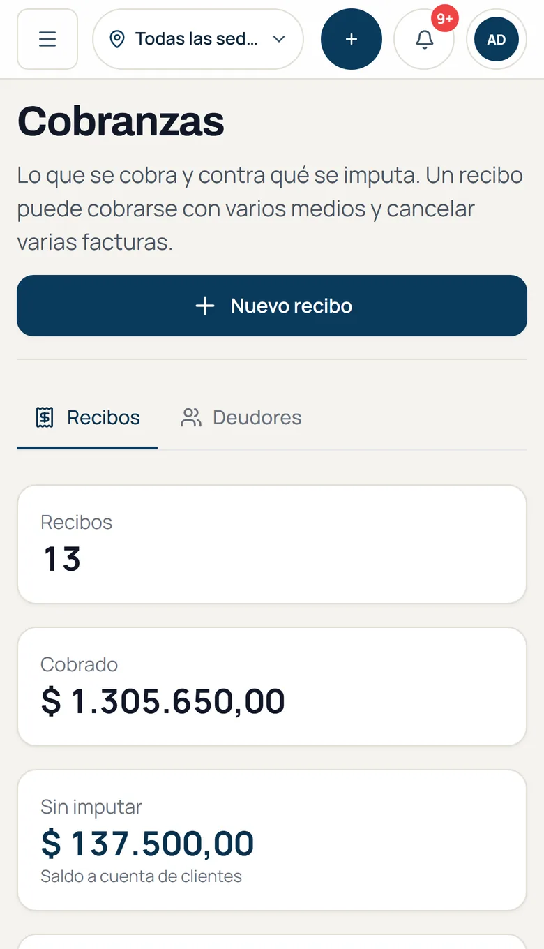 Cobranzas en el celular: recibos, lo cobrado y el saldo sin imputar.