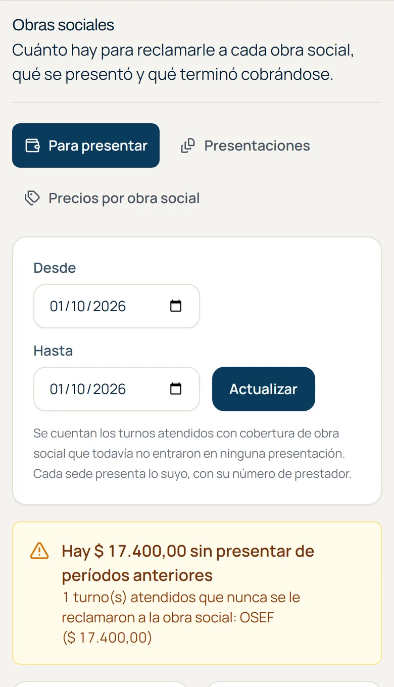 En el celular, lo que quedó sin presentar a la obra social de períodos anteriores.