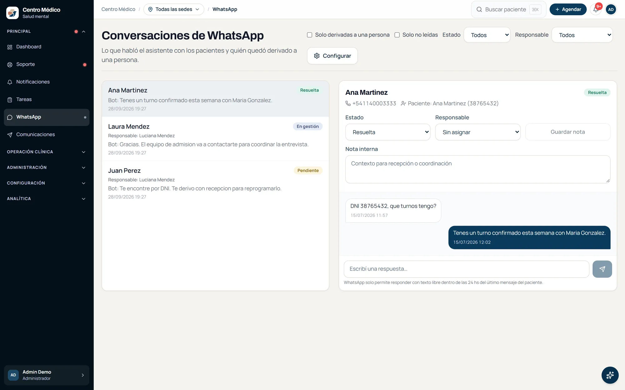 Conversaciones de WhatsApp con el estado de cada una y la respuesta del asistente.
